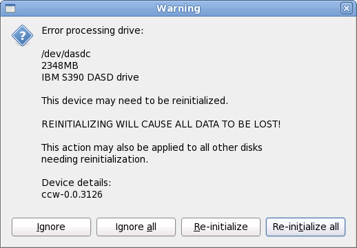 Warning screen – initializing DASD